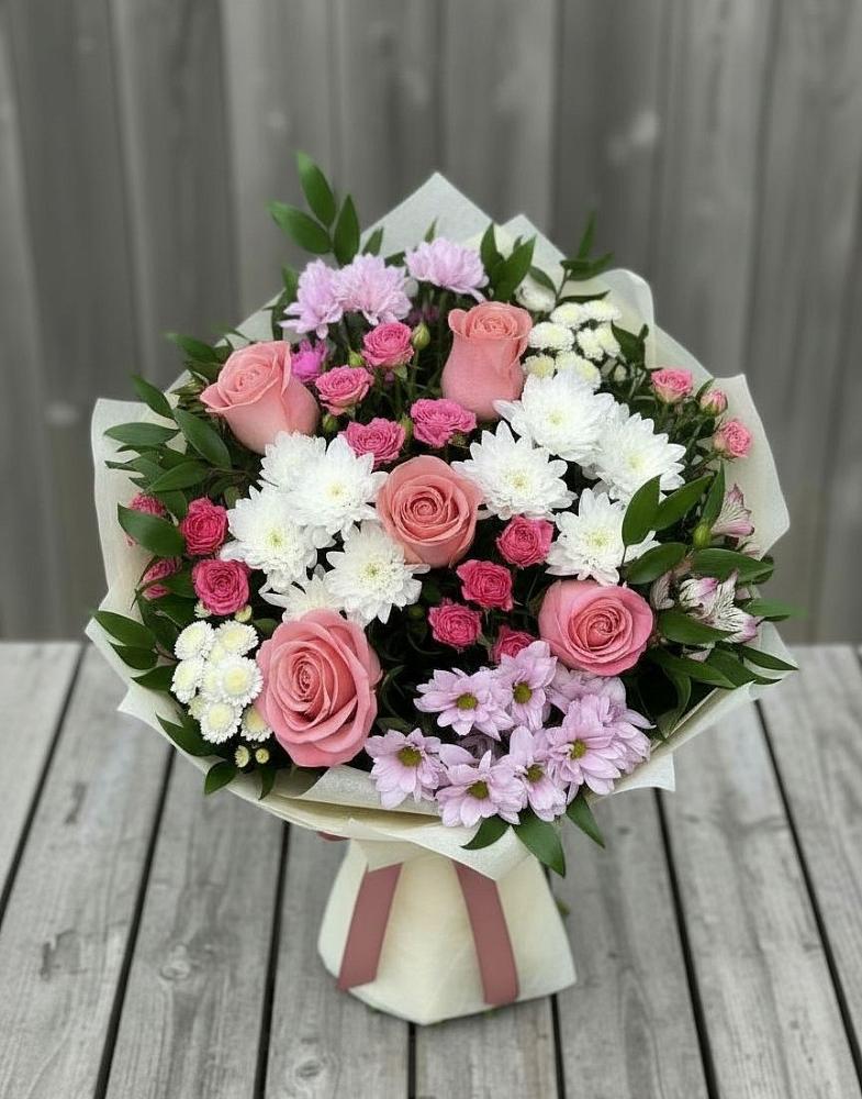 Букет цветов из: Альстромерии, Гвоздики, Розы и Хризантемы в Головино