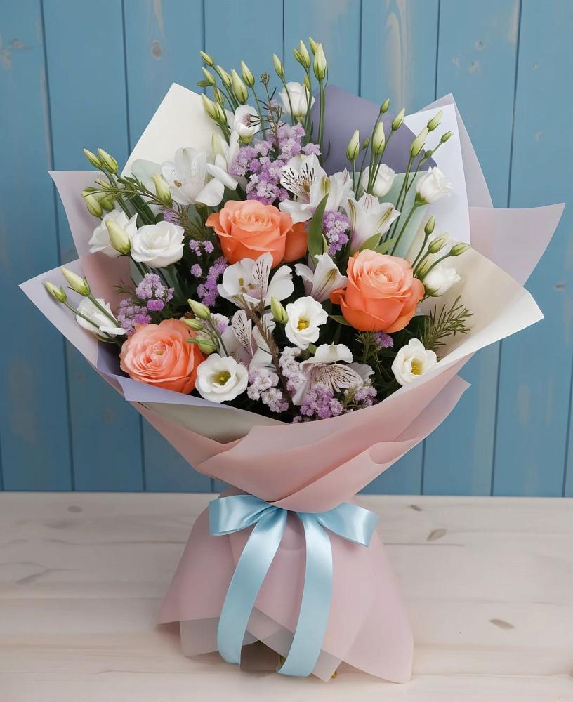 Букет цветов из: Лизиантусы, Розы, Альстромерии и Гипсофила в Головино