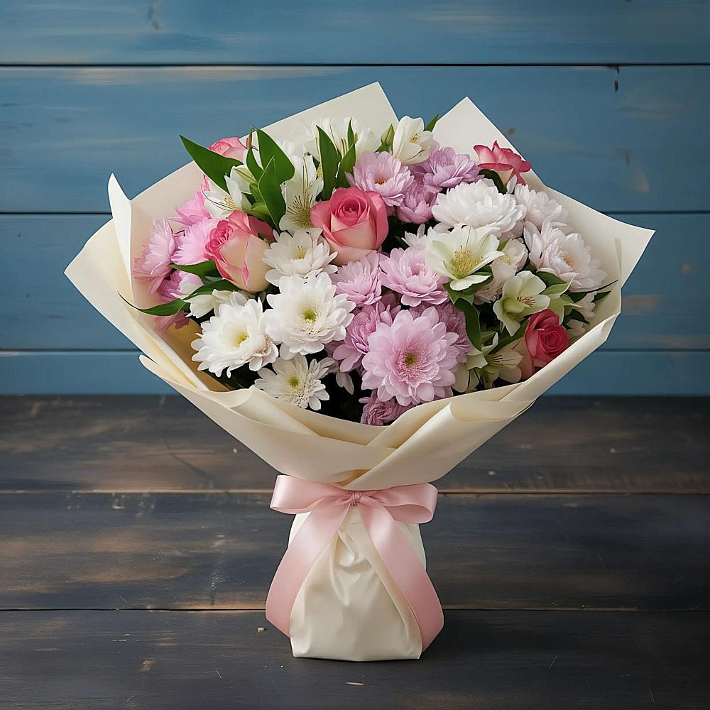 Букет цветов из: Хризантемы, Альстромерии и Розы в Головино